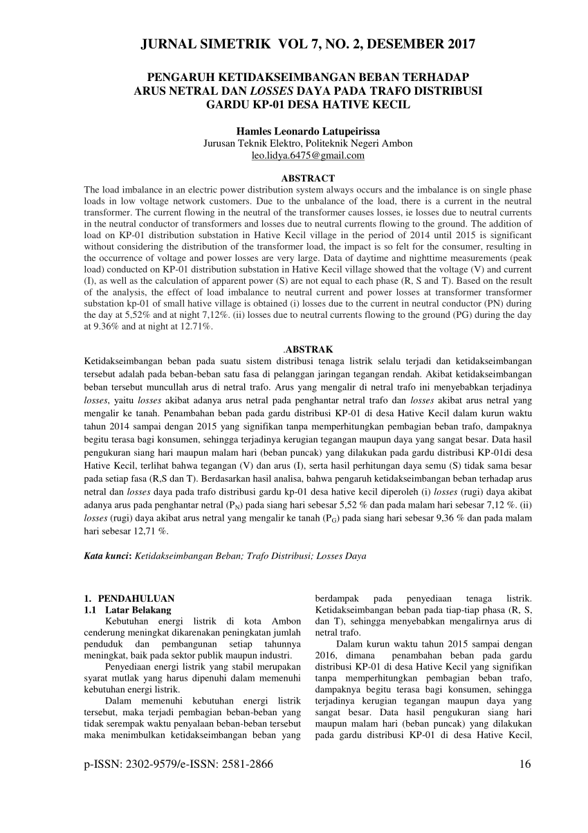 Pdf Pengaruh Ketidakseimbangan Beban Terhadap Arus Netral Dan Losses Daya Pada Trafo Distribusi 8088