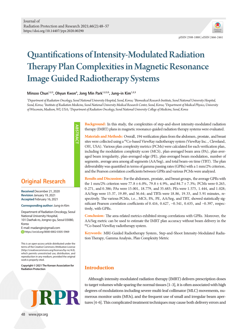 Pdf Quantifications Of Intensity Modulated Radiation Therapy Plan Complexities In Magnetic 7175