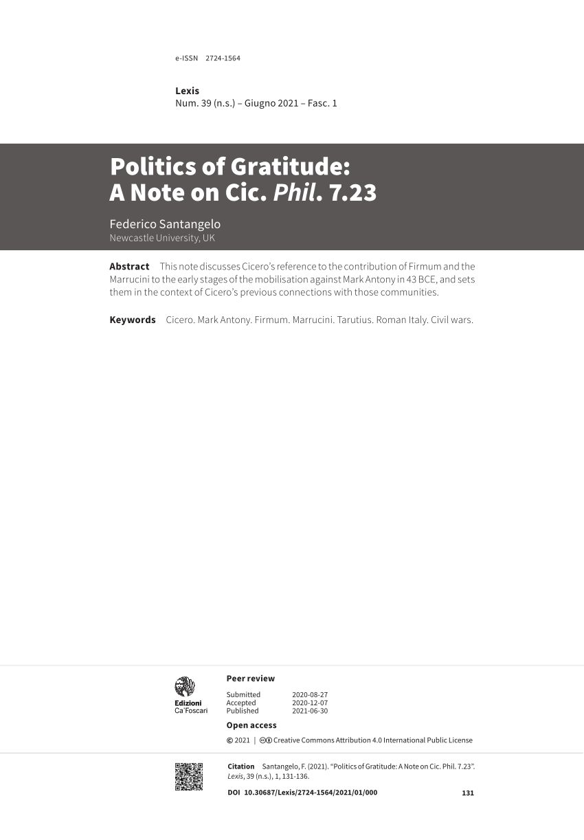 PDF) Politics of Gratitude: A Note on Cic. Phil. 7.23