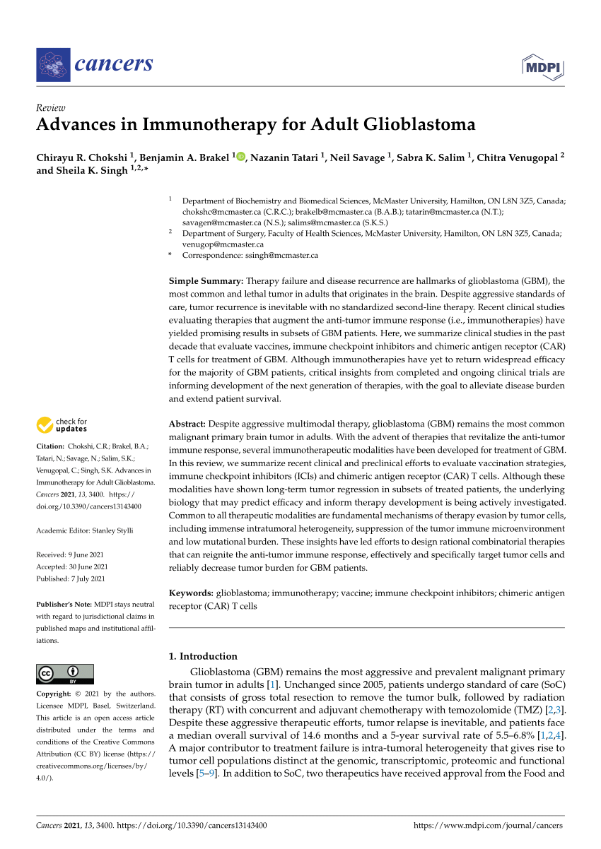 (PDF) Advances in Immunotherapy for Adult Glioblastoma