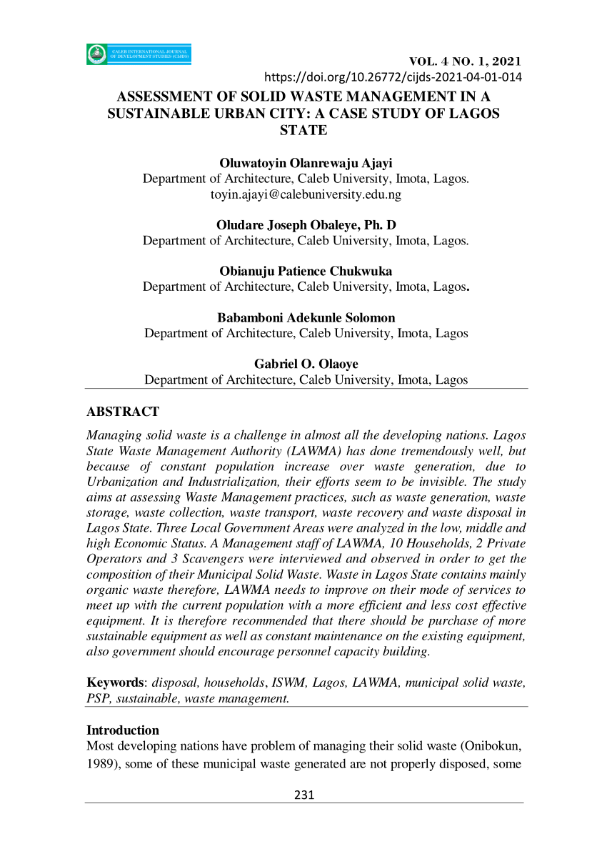 (PDF) ASSESSMENT OF SOLID WASTE MANAGEMENT IN A SUSTAINABLE URBAN CITY