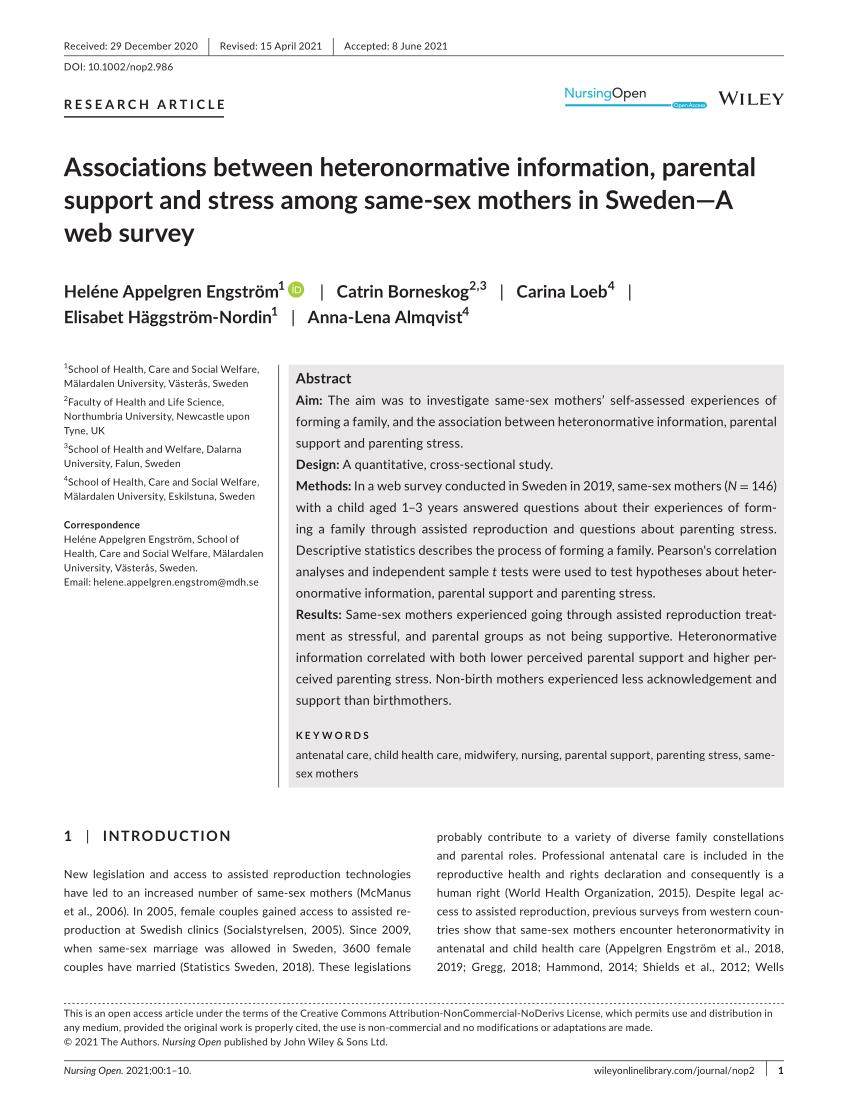 PDF) Associations between heteronormative information, parental support and  stress among same‐sex mothers in Sweden—A web survey