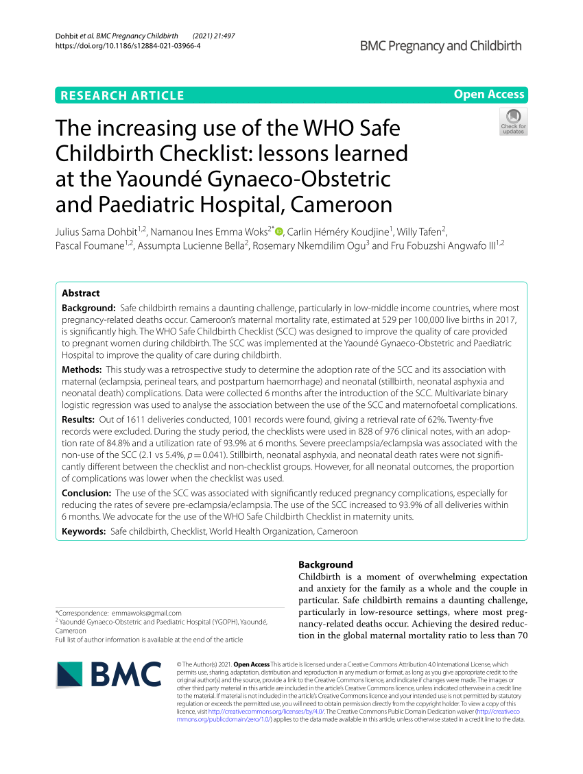 PDF) The increasing use of the WHO Safe Childbirth Checklist lessons learned at the Yaoundé Gynaeco-Obstetric and Paediatric Hospital, Cameroon