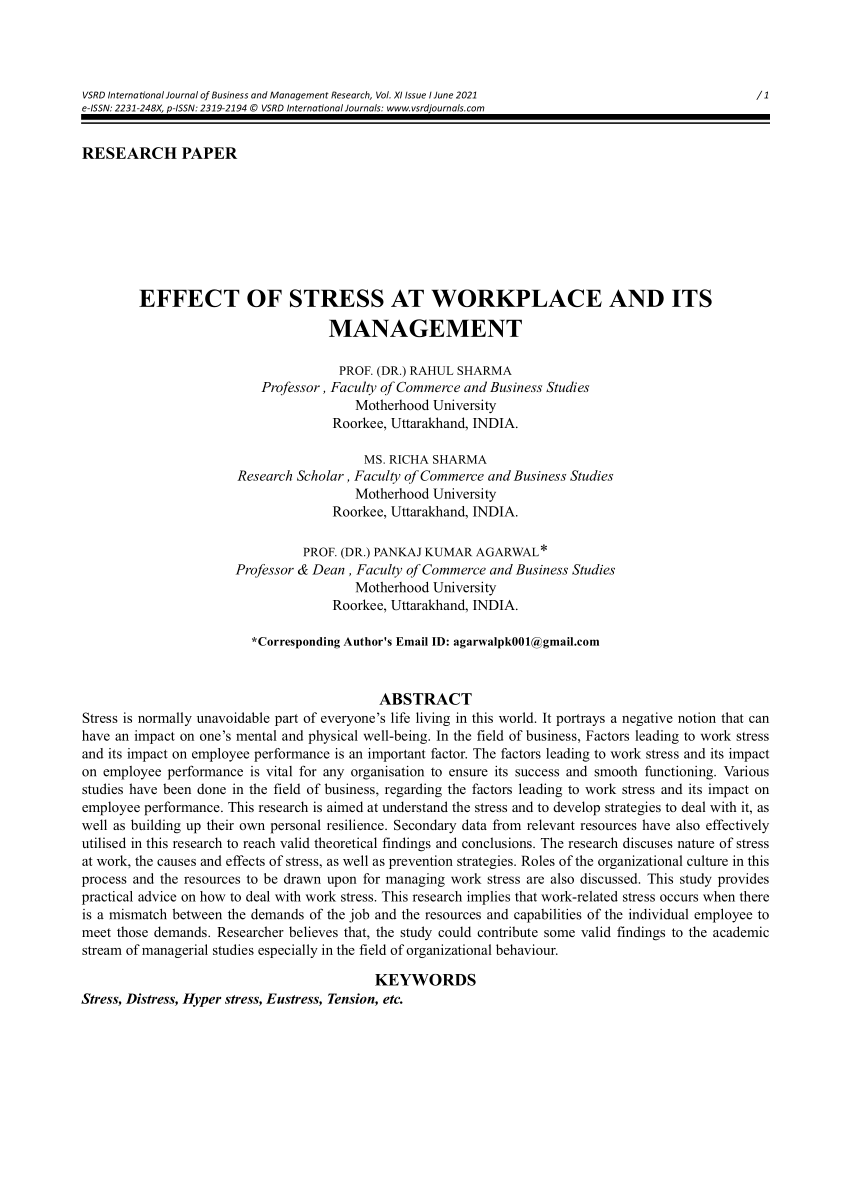research paper on stress management among employees
