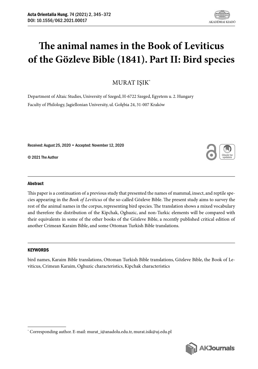 Pdf) The Animal Names In The Book Of Leviticus Of The Gözleve Bible (1841).  Part Ii: Bird Species