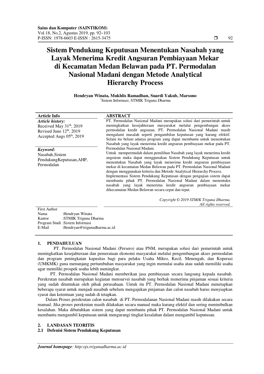 Pdf Sistem Pendukung Keputusan Menentukan Nasabah Yang Layak Menerima Kredit Angsuran 8624