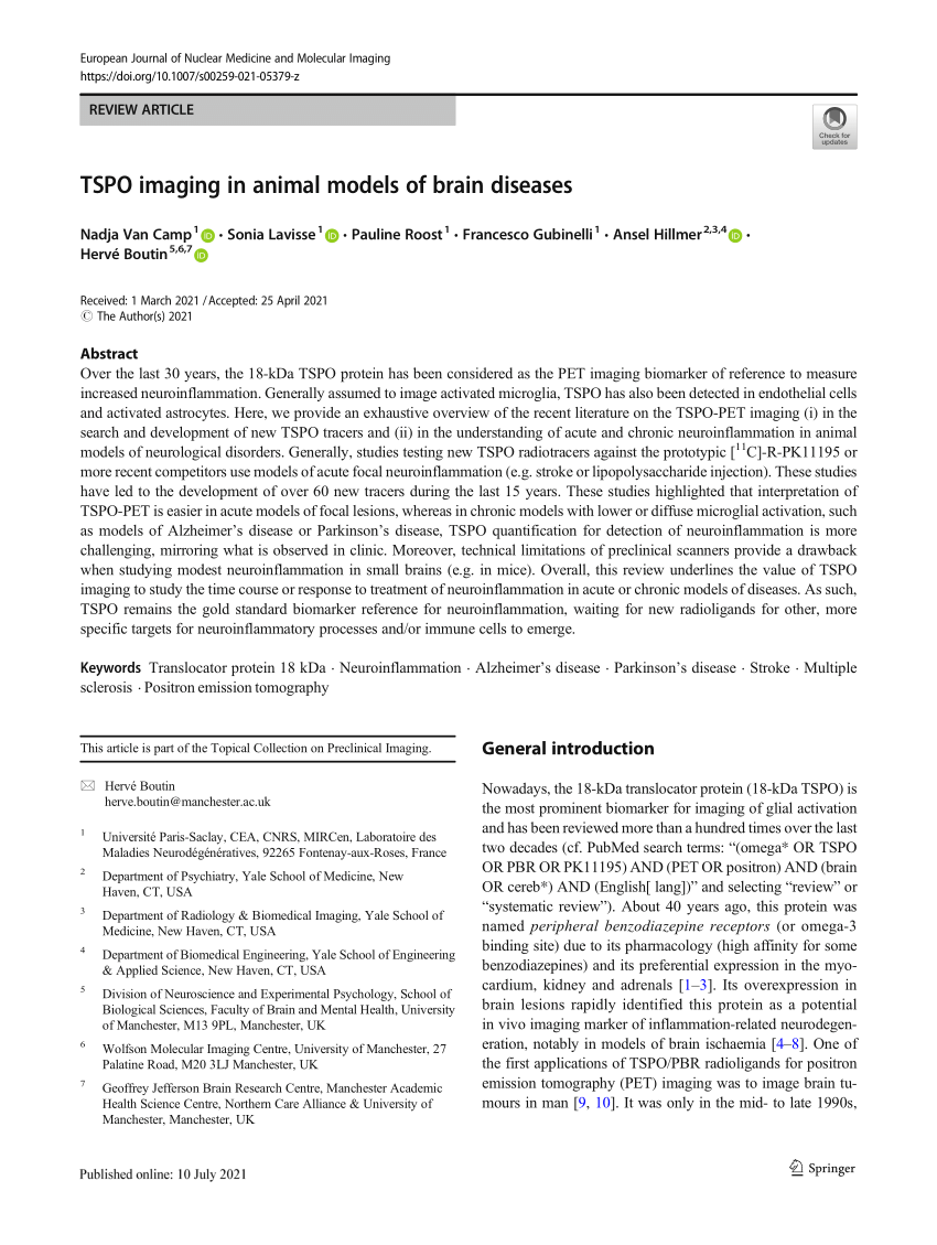 Pdf Tspo Imaging In Animal Models Of Brain Diseases