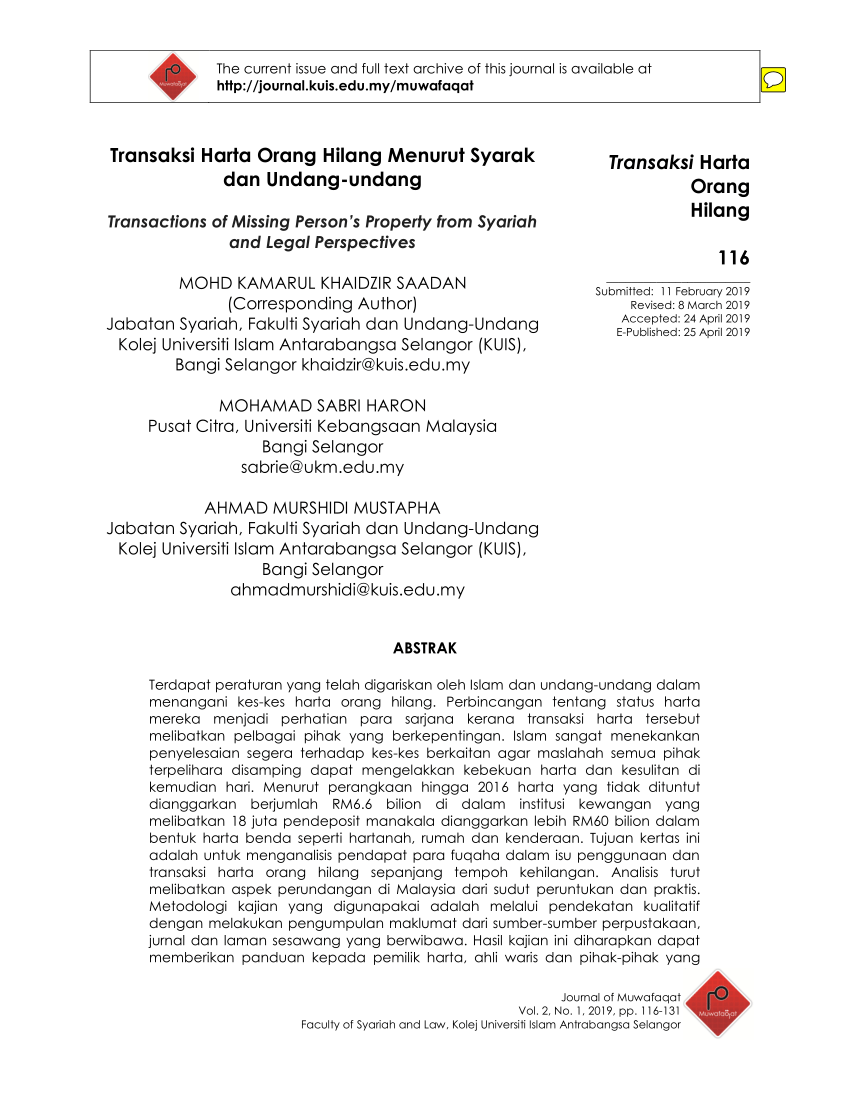 Pdf Transaksi Harta Orang Hilang Menurut Syarak Dan Undang Undang Transactions Of Missing Person S Property From Syariah And Legal Perspectives