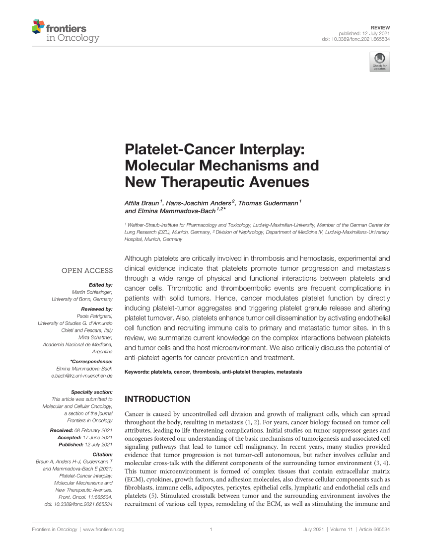 PDF) Platelet-Cancer Interplay: Molecular Mechanisms and New 