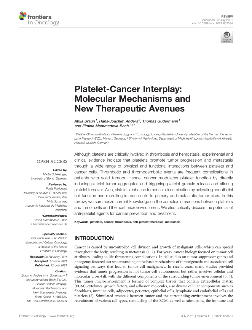 PDF) Platelet-Cancer Interplay: Molecular Mechanisms and New Therapeutic  Avenues