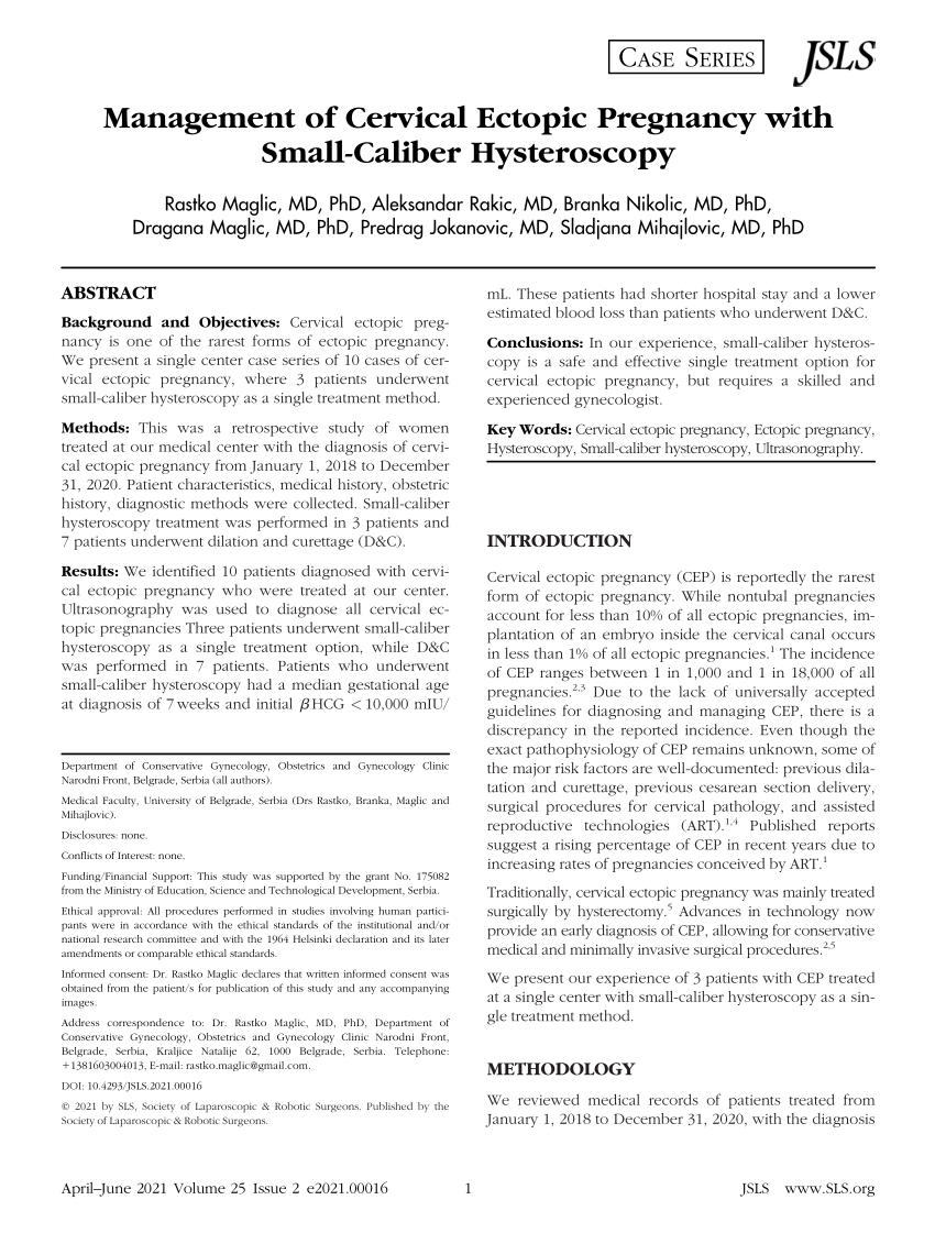 Pdf Management Of Cervical Ectopic Pregnancy With Small Caliber