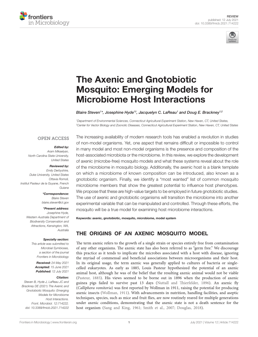 Frontiers  The Axenic and Gnotobiotic Mosquito: Emerging Models for  Microbiome Host Interactions