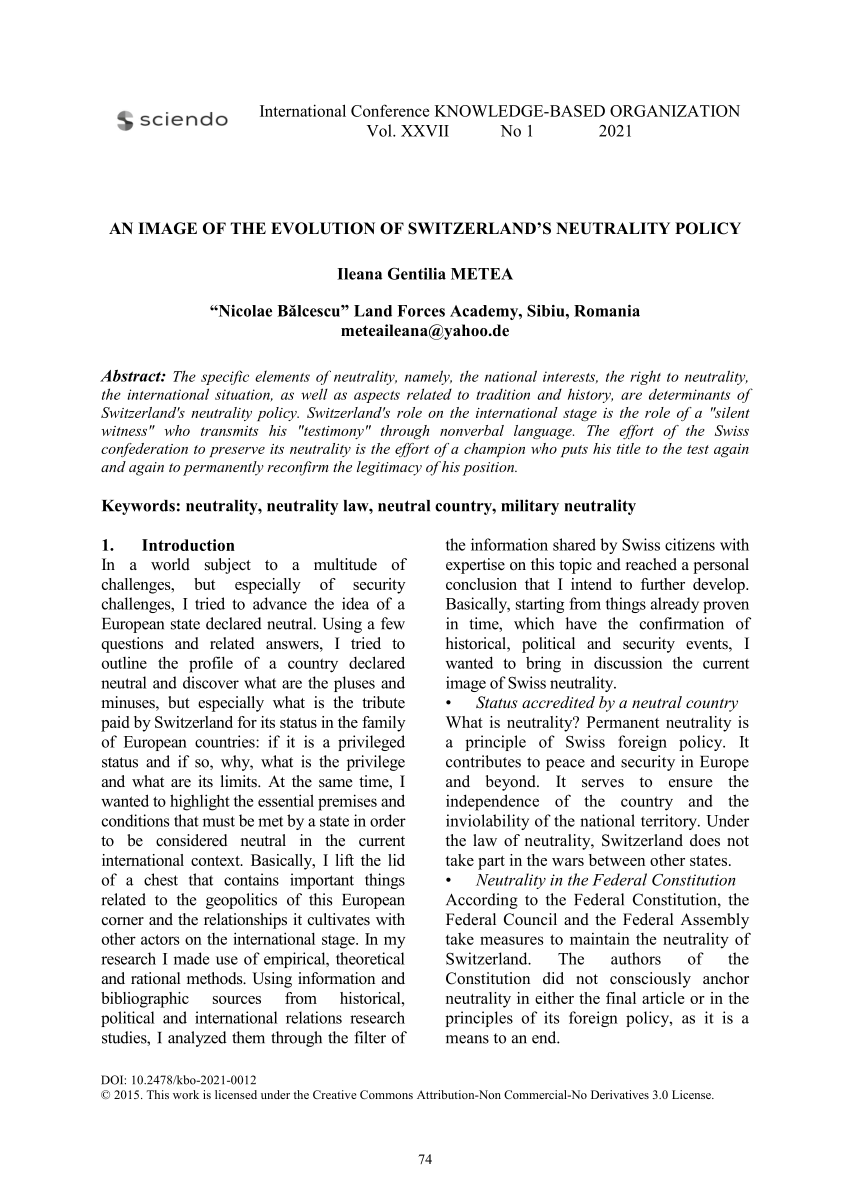 Pdf An Image Of The Evolution Of Switzerlands Neutrality Policy