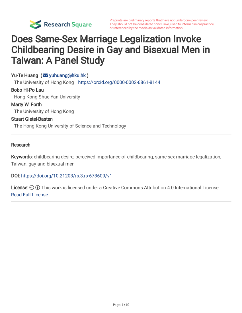 PDF) Does Same-Sex Marriage Legalization Invoke Childbearing Desire in Gay and Bisexual Men in Taiwan A Panel Study image picture