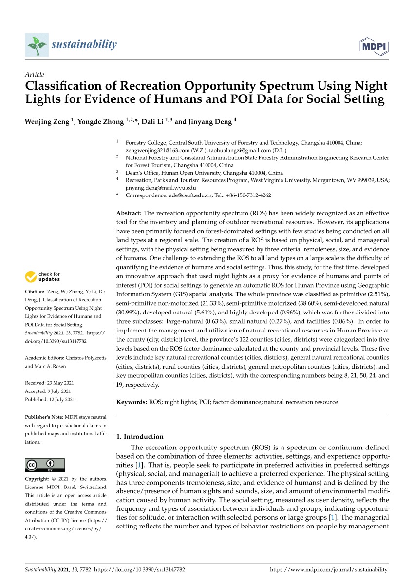 (PDF) Classification of Recreation Opportunity Spectrum Using Night