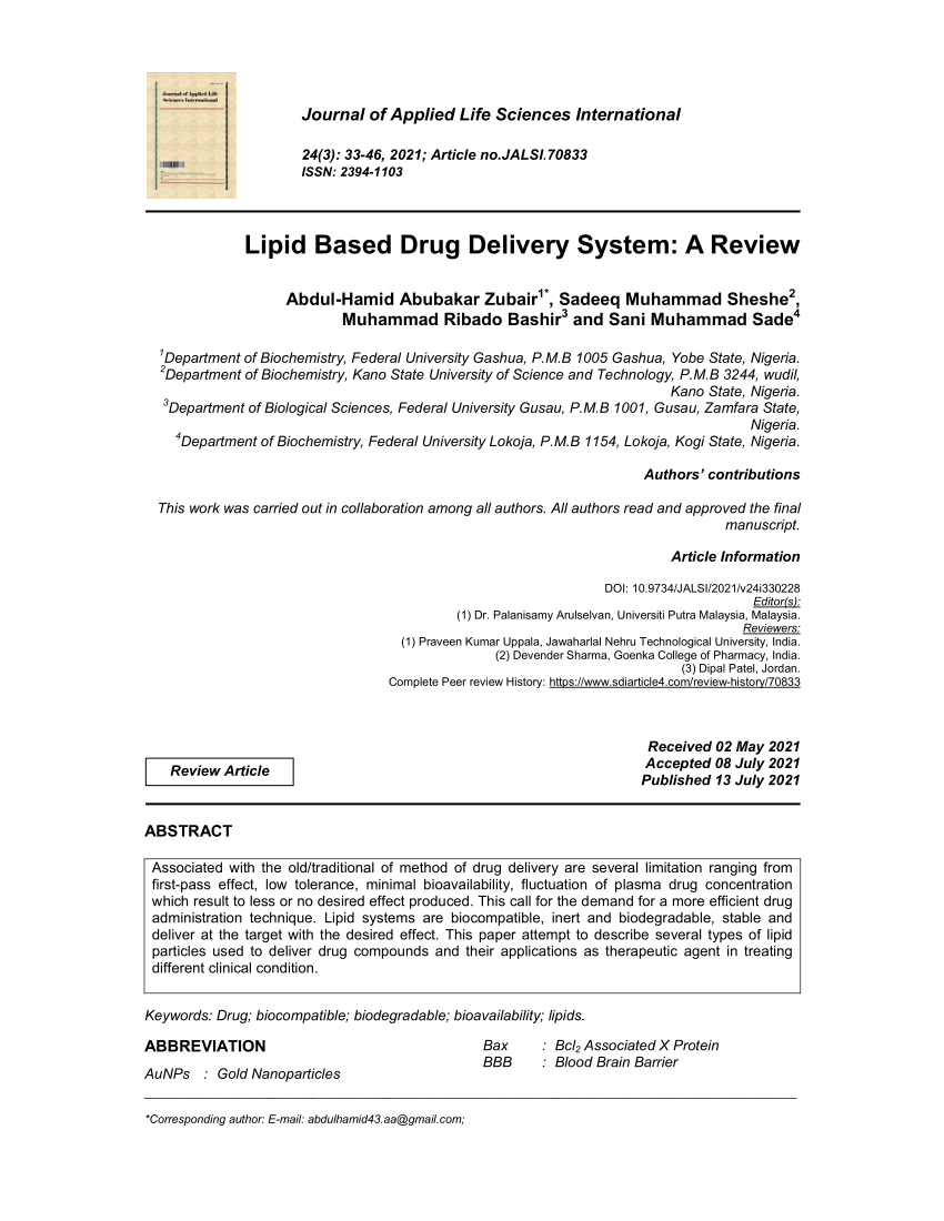 Pdf Lipid Based Drug Delivery System A Review
