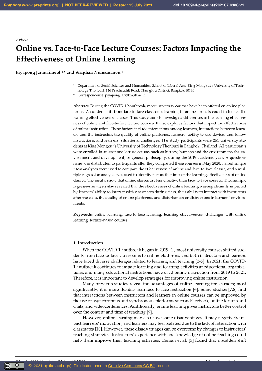 literature review on face to face learning