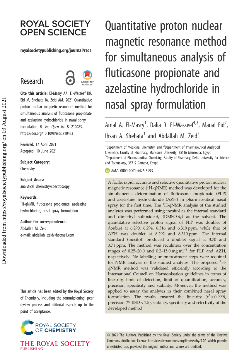 PDF) Quantitative proton nuclear magnetic resonance method for simultaneous  analysis of fluticasone propionate and azelastine hydrochloride in nasal  spray formulation