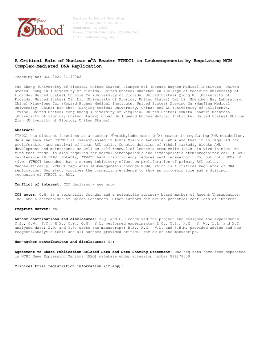 Pdf A Critical Role Of Nuclear M6a Reader Ythdc1 In Leukemogenesis By Regulating Mcm Complex Mediated Dna Replication