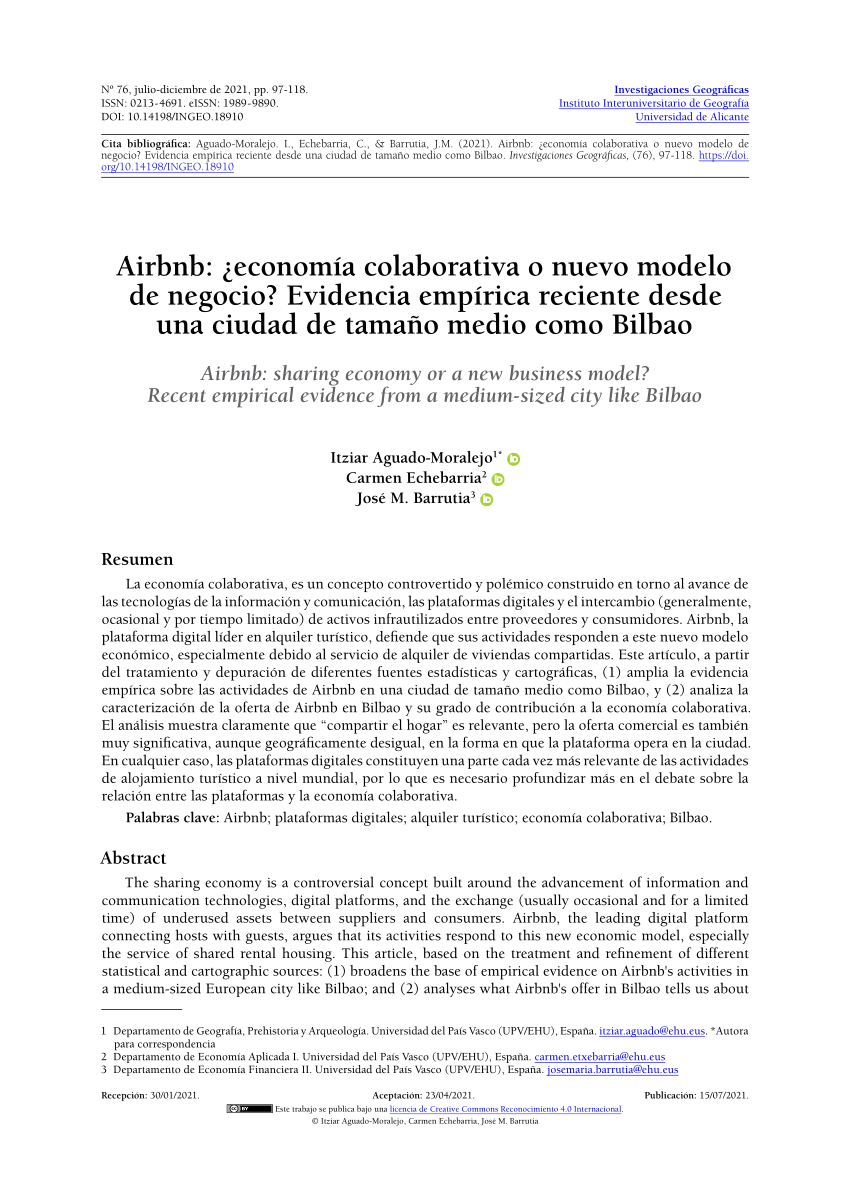 PDF) Airbnb: ¿economía colaborativa o nuevo modelo de negocio? Evidencia  empírica reciente desde una ciudad de tamaño medio como Bilbao