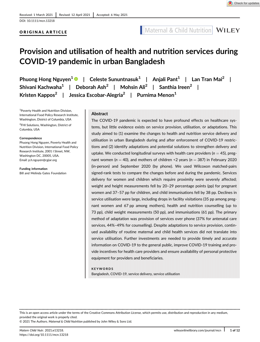 PDF) Provision and utilisation of health and nutrition services during COVID‐19 pandemic in urban Bangladesh
