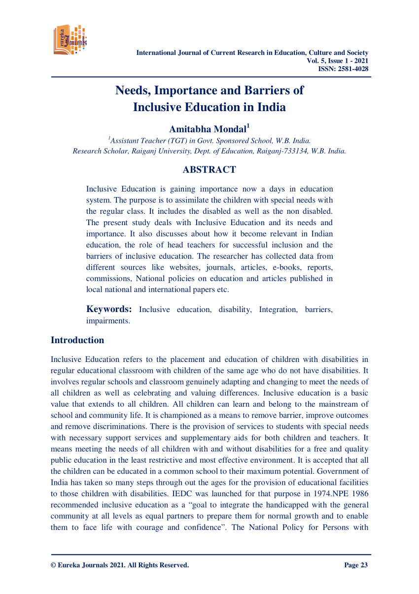 research paper on inclusive education in india