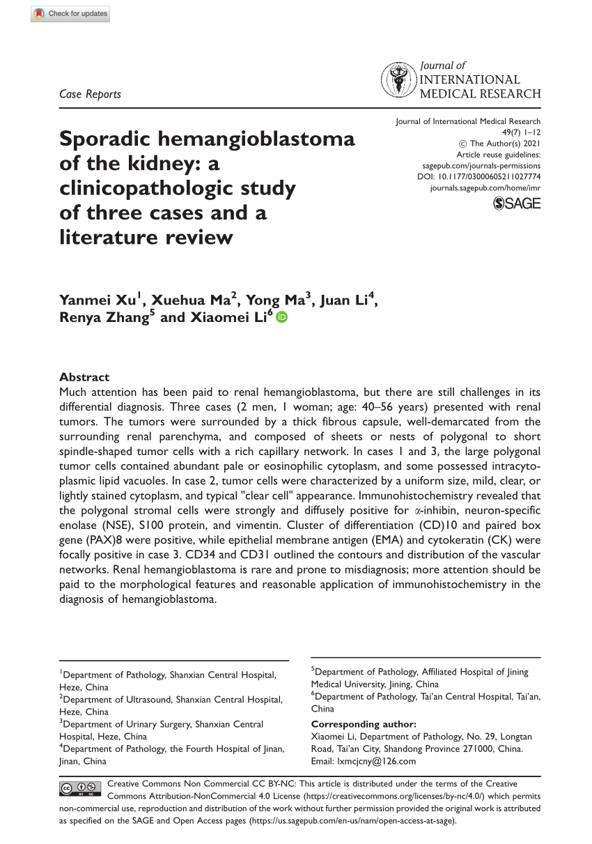 PDF) Sporadic hemangioblastoma of the kidney: a clinicopathologic 