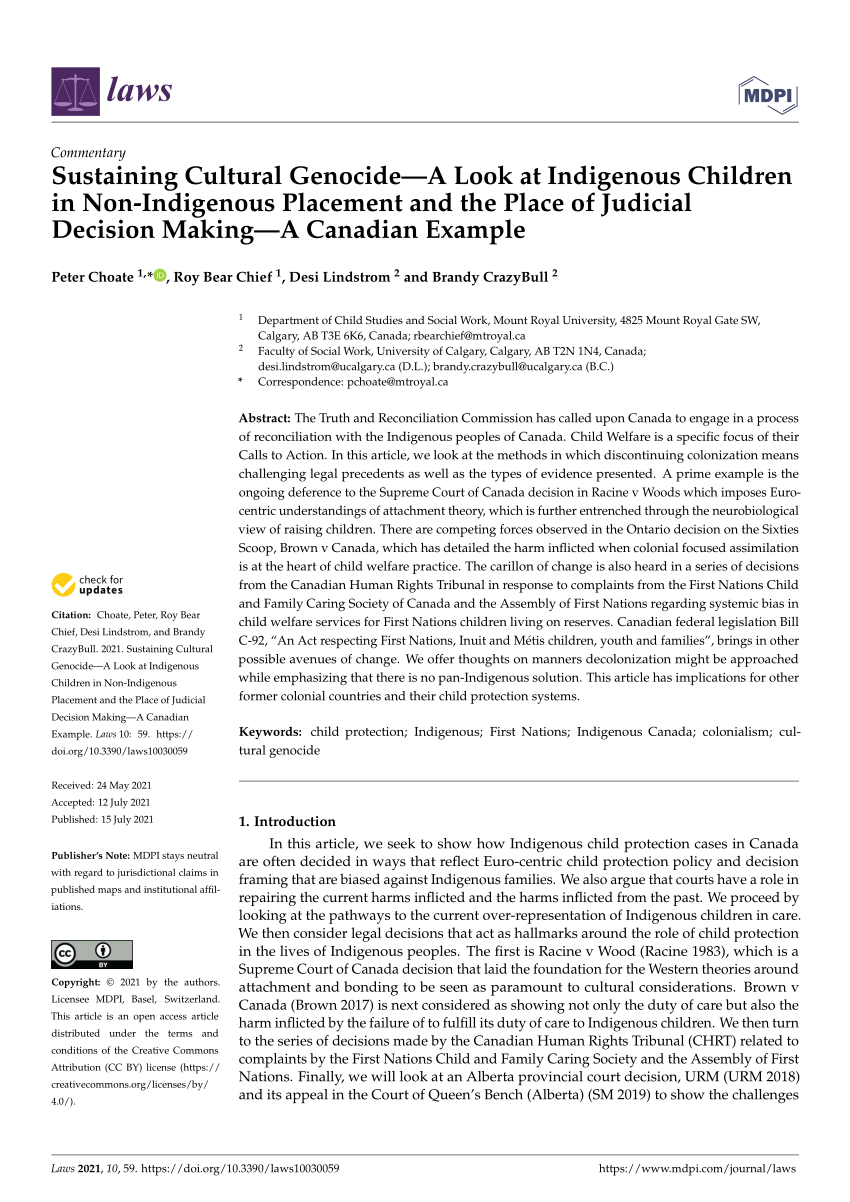 Pdf Sustaining Cultural Genocide A Look At Indigenous Children In Non Indigenous Placement And The Place Of Judicial Decision Making A Canadian Example