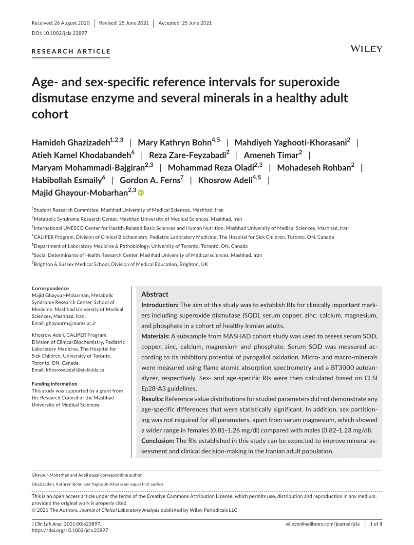 PDF) Age‐ and sex‐specific reference intervals for superoxide dismutase  enzyme and several minerals in a healthy adult cohort