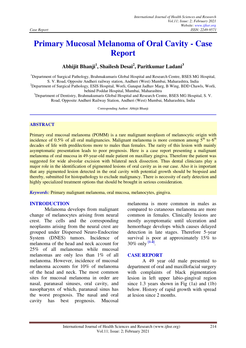 Pdf Primary Mucosal Melanoma Of Oral Cavity Case Report