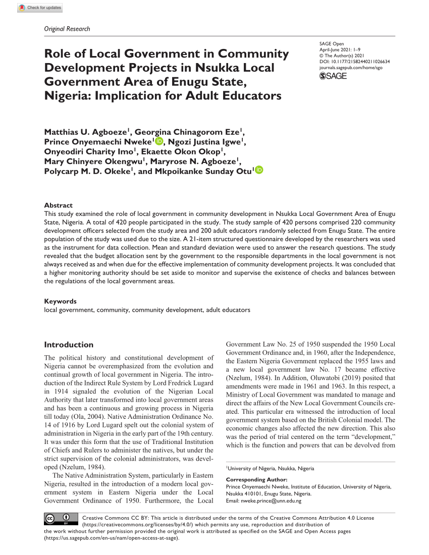 Pdf) Role Of Local Government In Community Development Projects In Nsukka  Local Government Area Of Enugu State, Nigeria: Implication For Adult  Educators