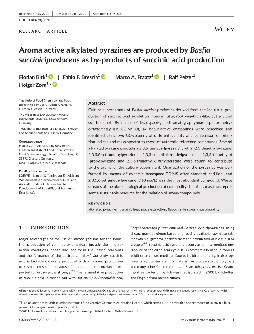PDF) Aroma active alkylated pyrazines are produced by Basfia  succiniciproducens as by‐products of succinic acid production
