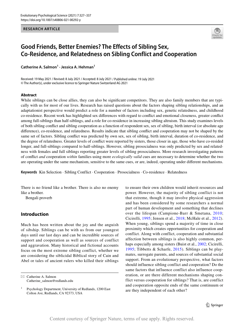 Good Friends, Better Enemies? The Effects of Sibling Sex, Co-Residence, and  Relatedness on Sibling Conflict and Cooperation | Request PDF