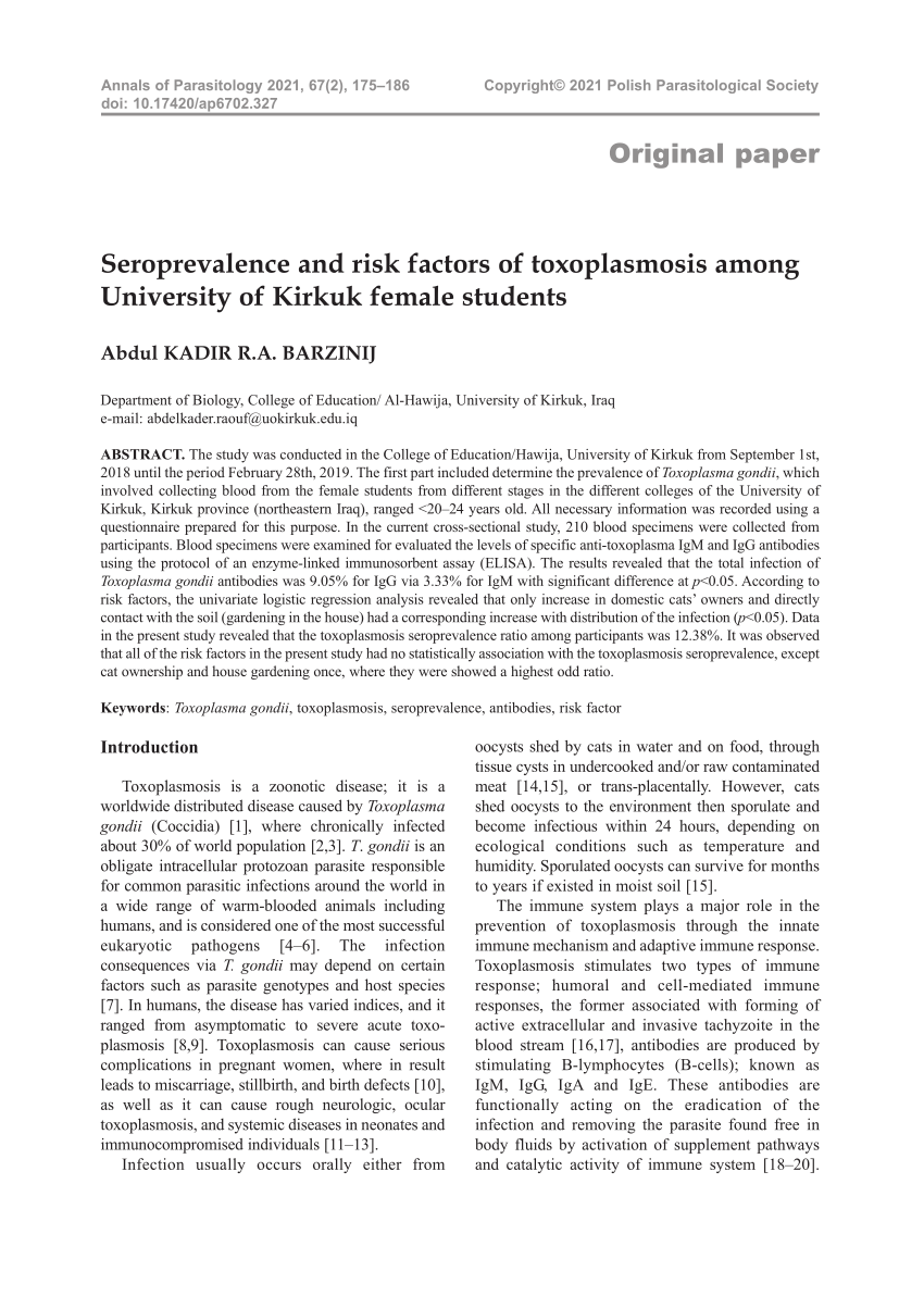 PDF) Seroprevalence and risk factors of toxoplasmosis among University of Kirkuk female students