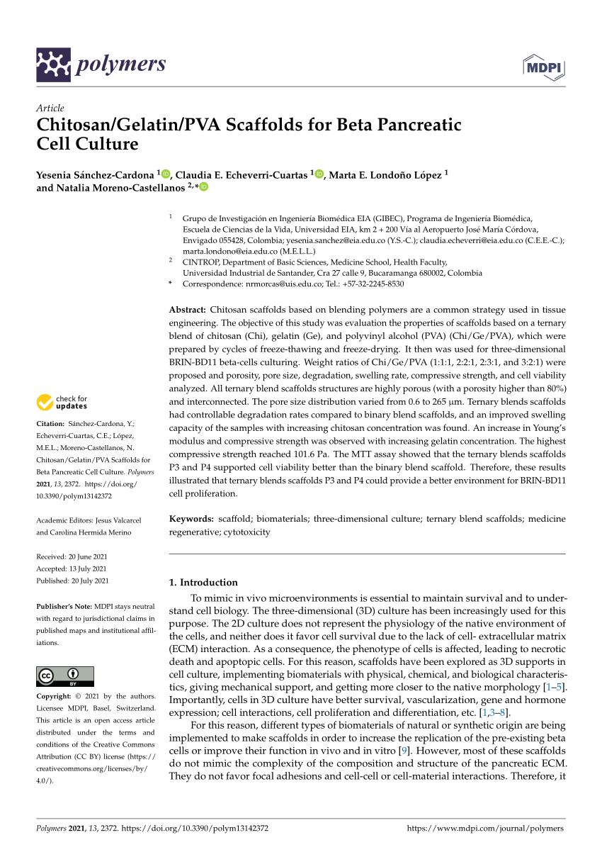 PDF) Chitosan/Gelatin/PVA Scaffolds for Beta Pancreatic Cell Culture