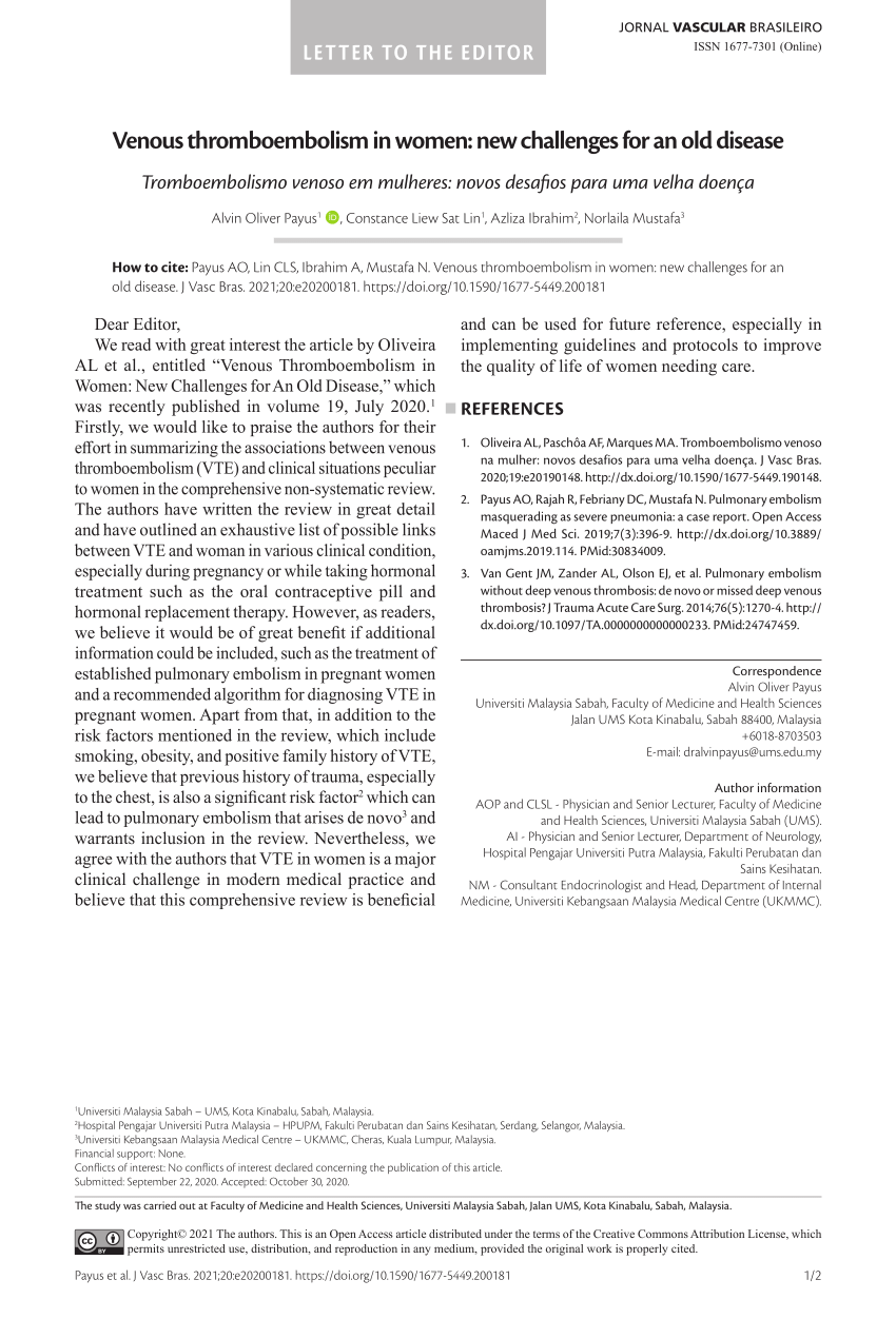 Pdf Letter To The Editor Venous Thromboembolism In Women New Challenges For An Old Disease