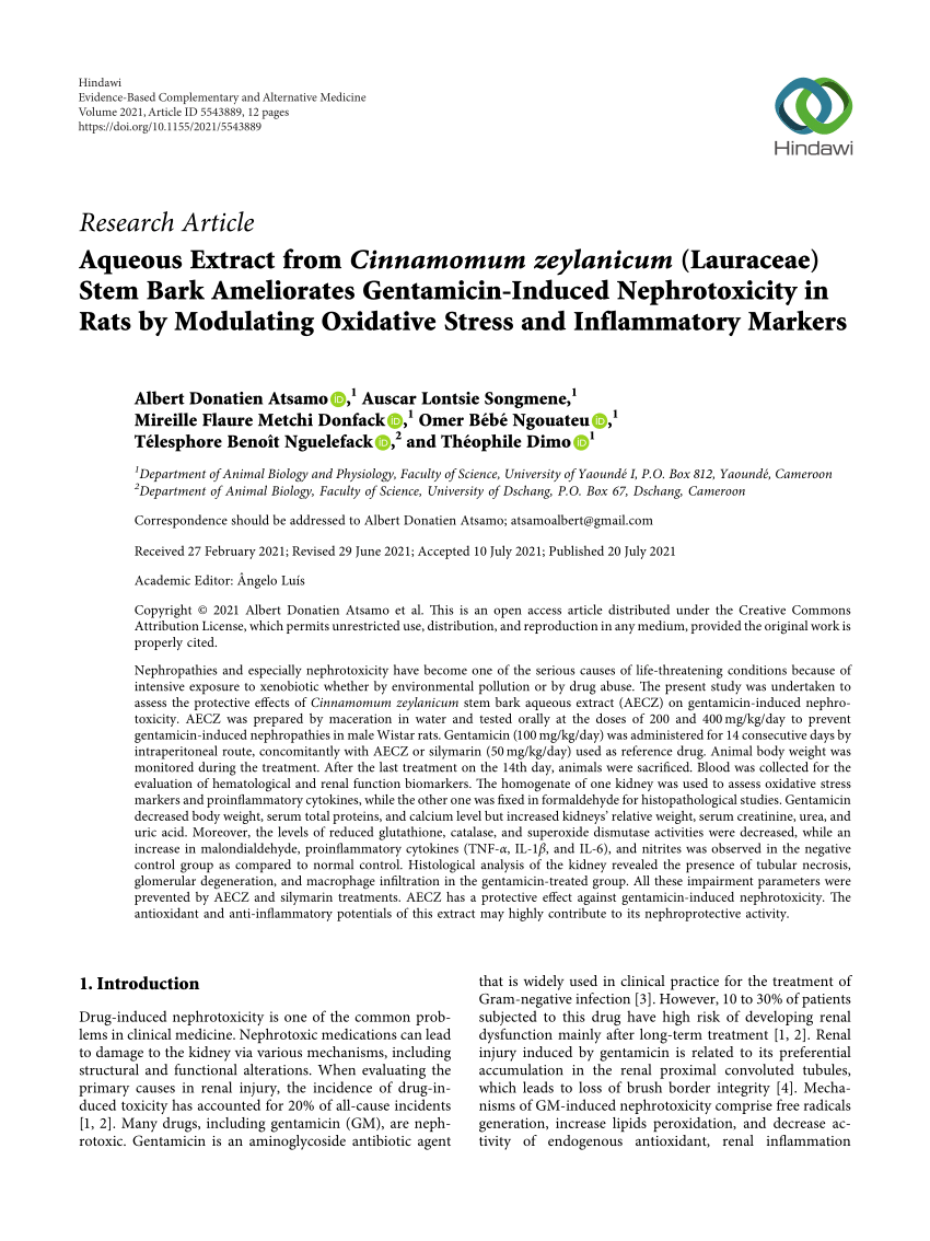 Pdf Aqueous Extract From Cinnamomum Zeylanicum Lauraceae Stem Bark Ameliorates Gentamicin Induced Nephrotoxicity In Rats By Modulating Oxidative Stress And Inflammatory Markers