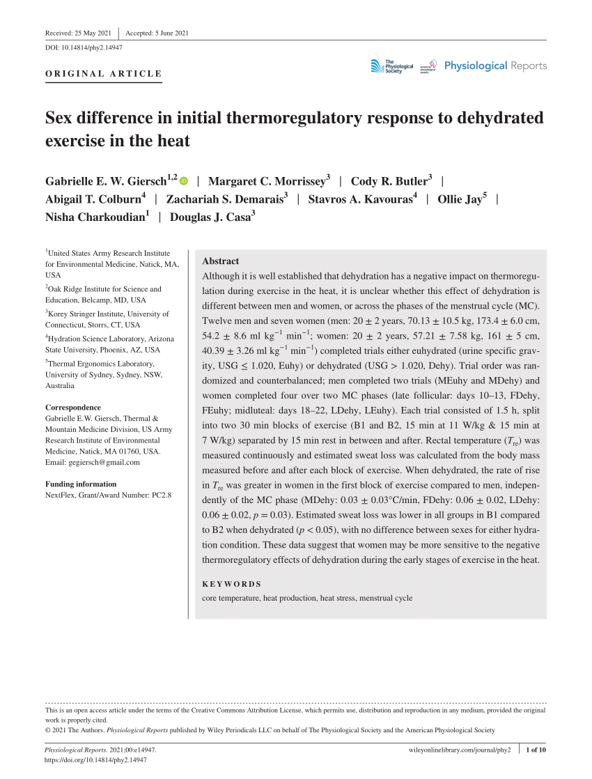 PDF) Sex difference in initial thermoregulatory response to dehydrated  exercise in the heat