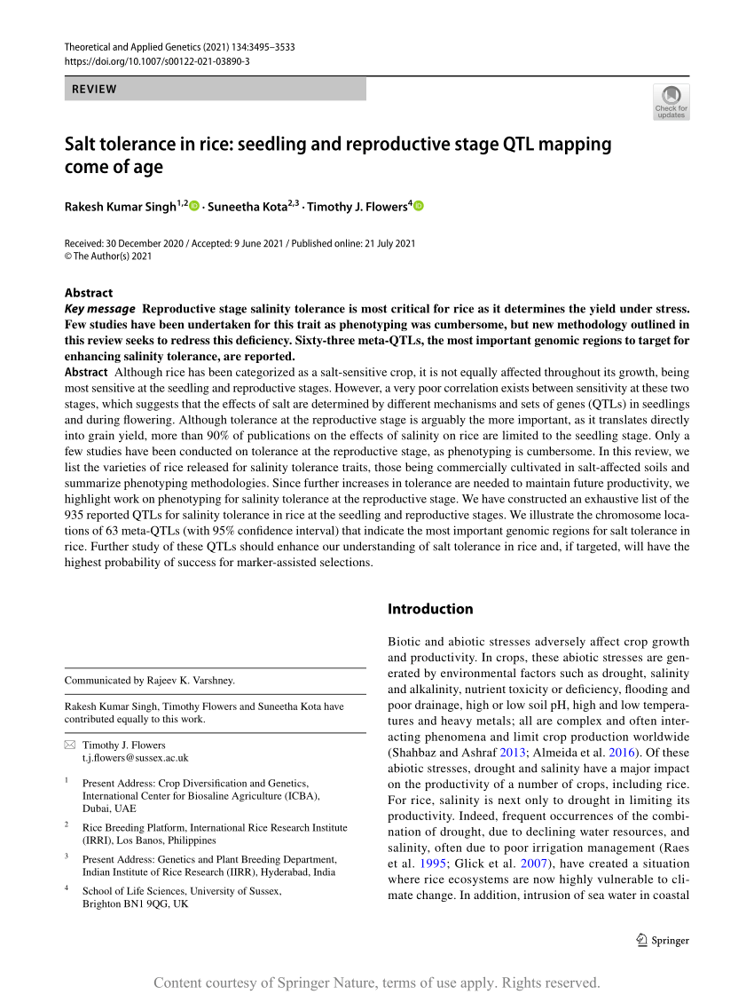 Pdf Salt Tolerance In Rice Seedling And Reproductive Stage Qtl Mapping Come Of Age