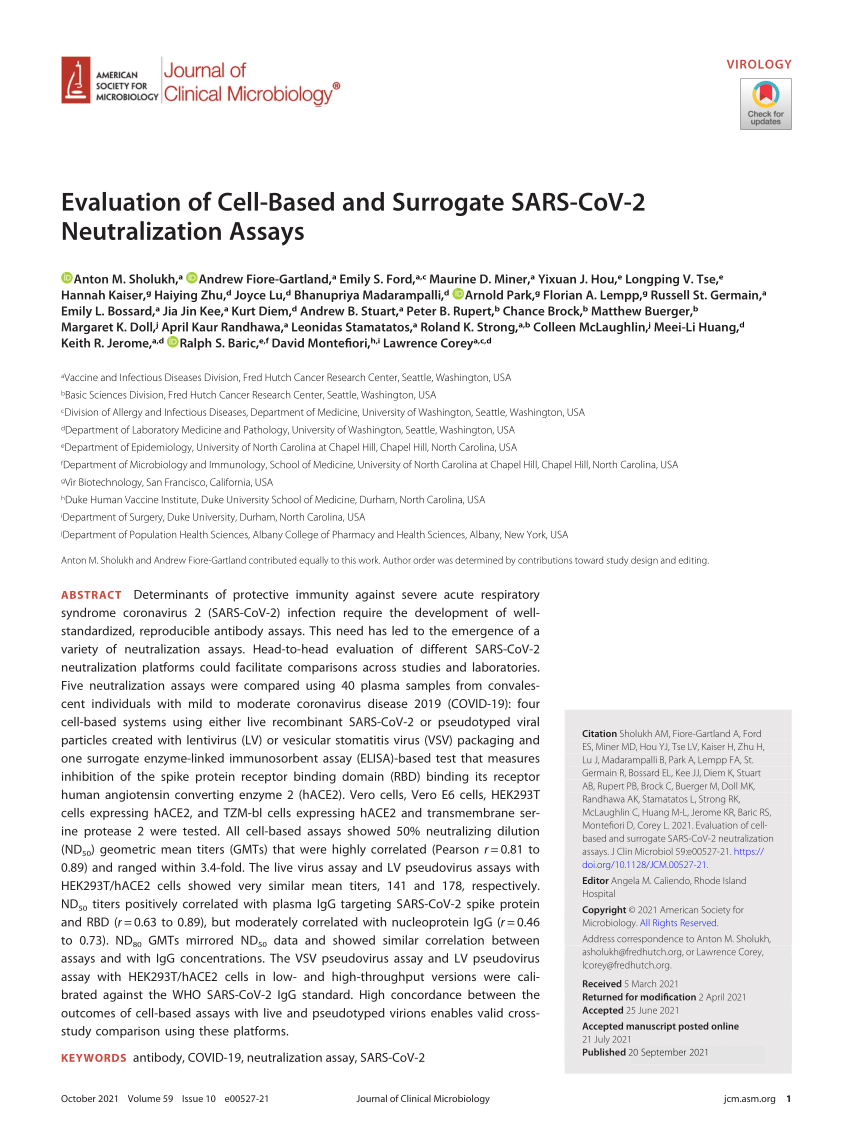 PDF) Evaluation of Cell-Based and Surrogate SARS-CoV-2 Neutralization Assays