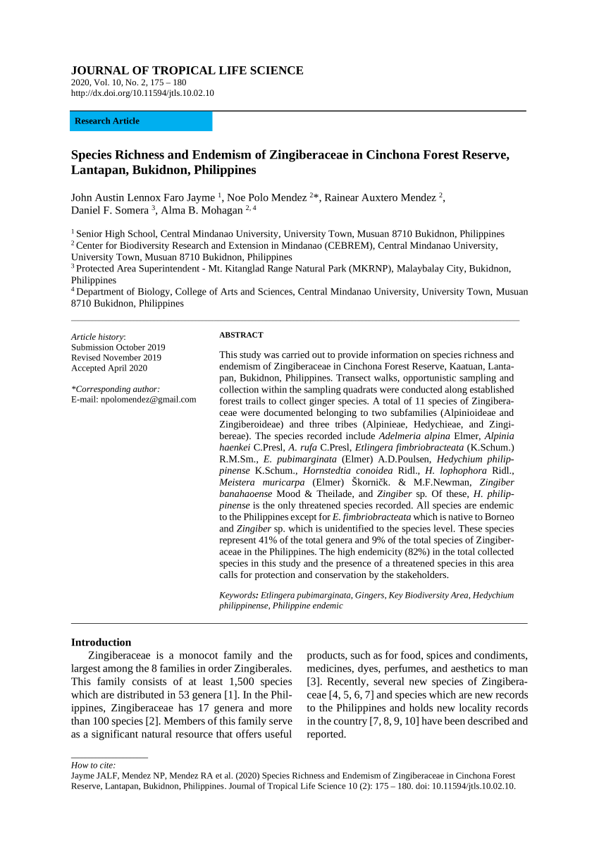 PDF) Species Richness and Endemism of Zingiberaceae in Cinchona