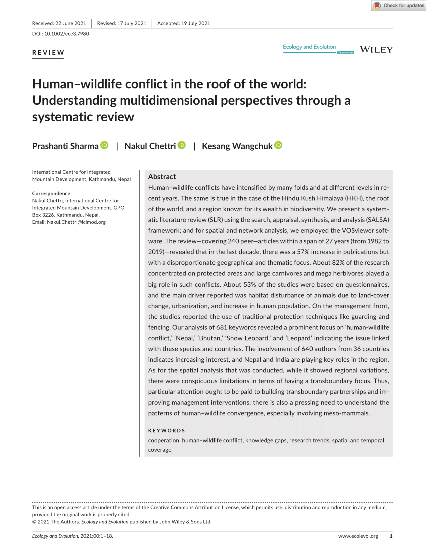 PDF) Human–wildlife conflict in the roof of the world: Understanding  multidimensional perspectives through a systematic review