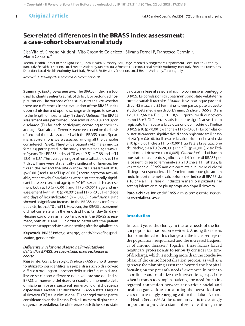 PDF) Sex-related differences in the BRASS index assessment: a case-cohort  observational study