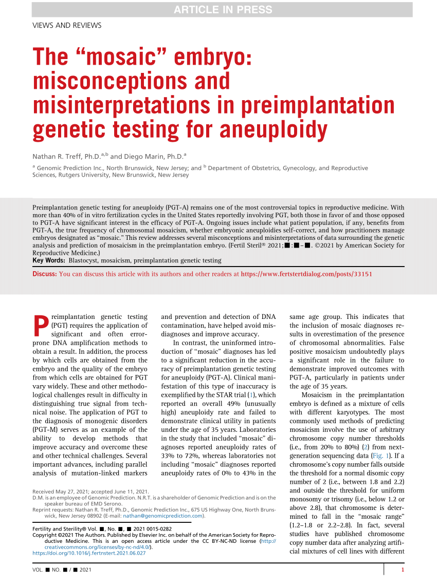 Pdf The “mosaic” Embryo Misconceptions And Misinterpretations In Preimplantation Genetic 2029