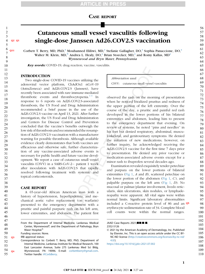 (PDF) Cutaneous small vessel vasculitis following single-dose Janssen ...