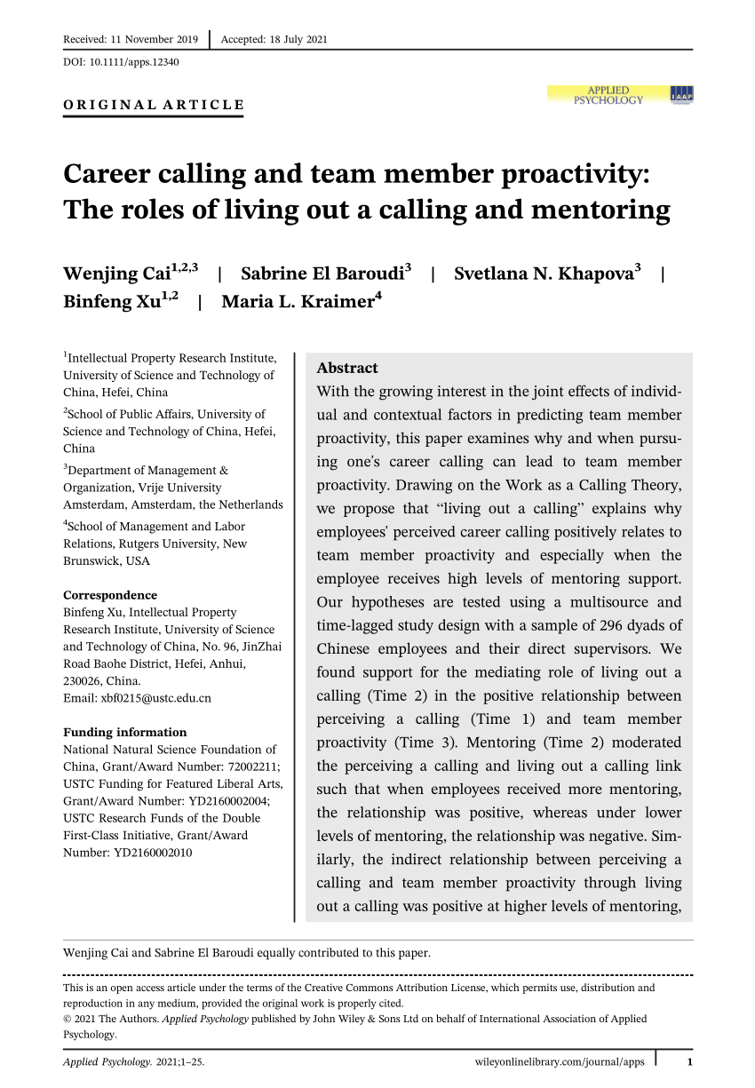 Jo da stout specifikation PDF) Career Calling and Team Member Proactivity: The Roles of Living Out a  Calling and Mentoring