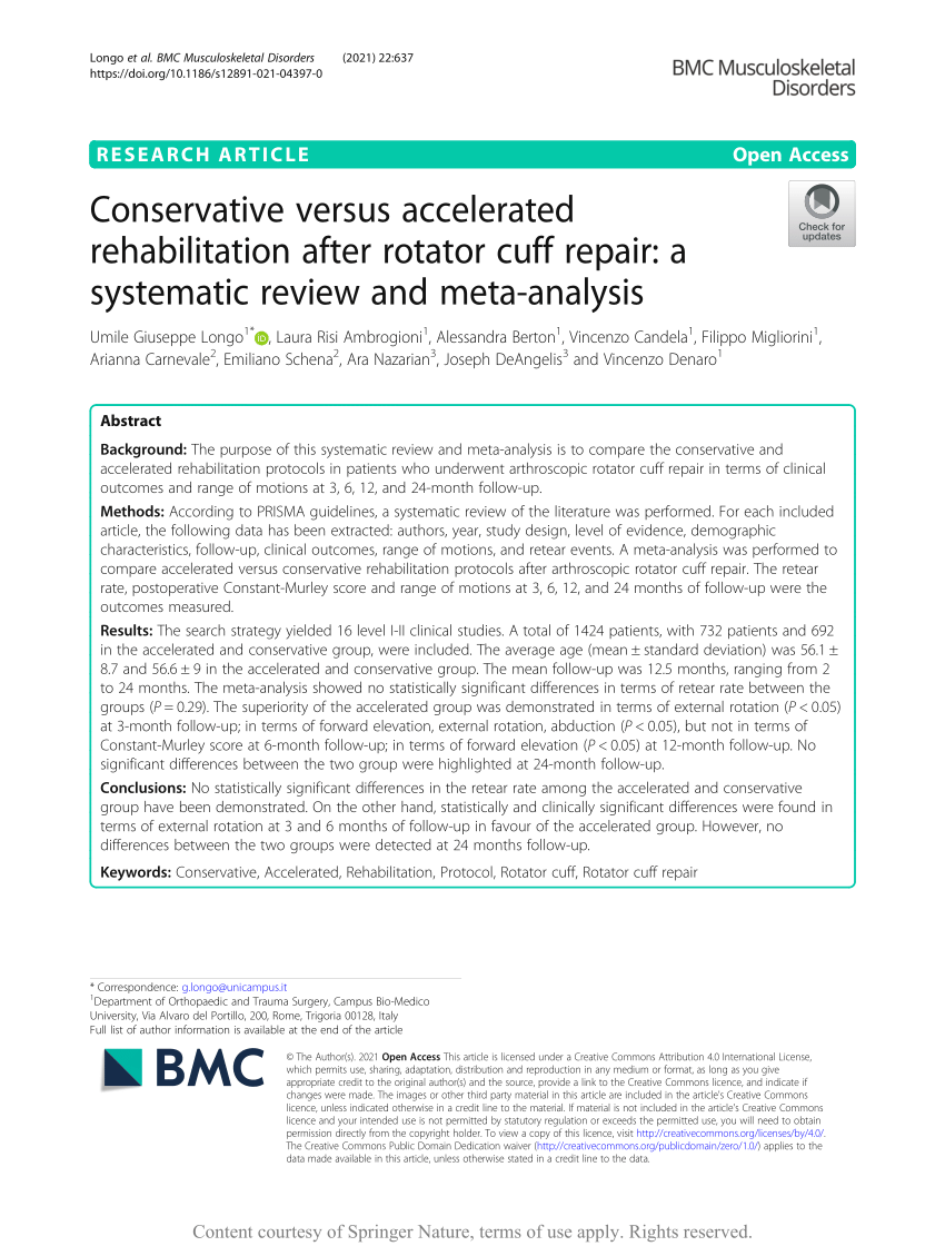 Altid Brokke sig svale PDF) Conservative versus accelerated rehabilitation after rotator cuff  repair: a systematic review and meta-analysis