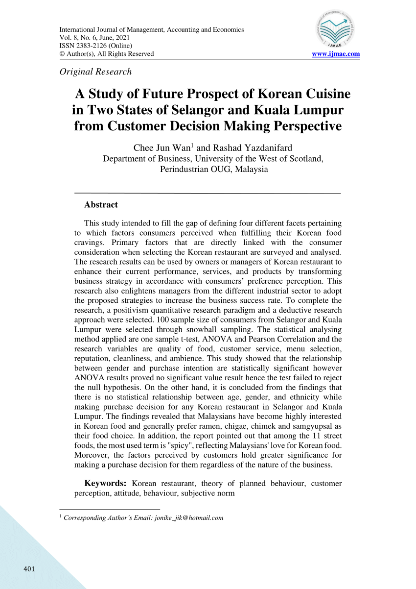 Pdf A Study Of Future Prospect Of Korean Cuisine In Two States Of Selangor And Kuala Lumpur From Customer Decision Making Perspective