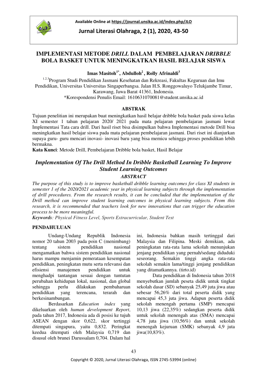 Pdf Implementasi Metode Drill Dalam Pembelajaran Dribble Bola Basket Untuk Meningkatkan Hasil 