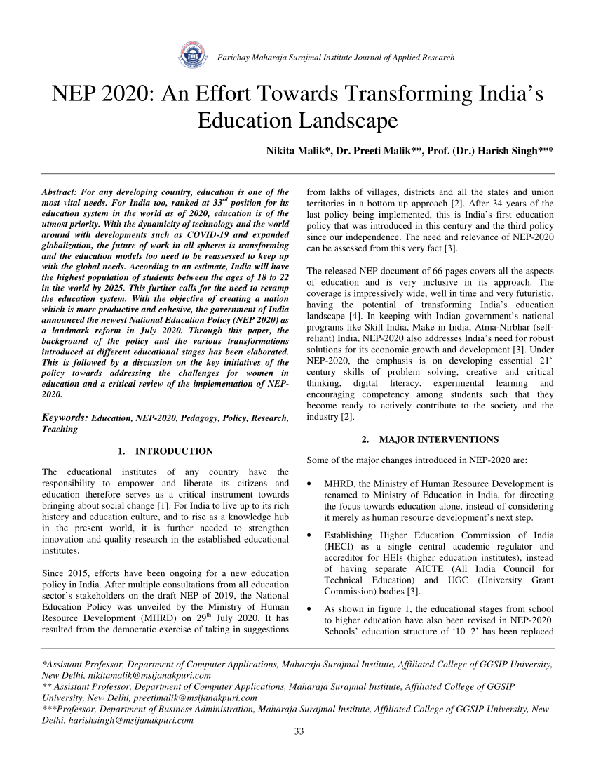research paper on nep 2020 in hindi